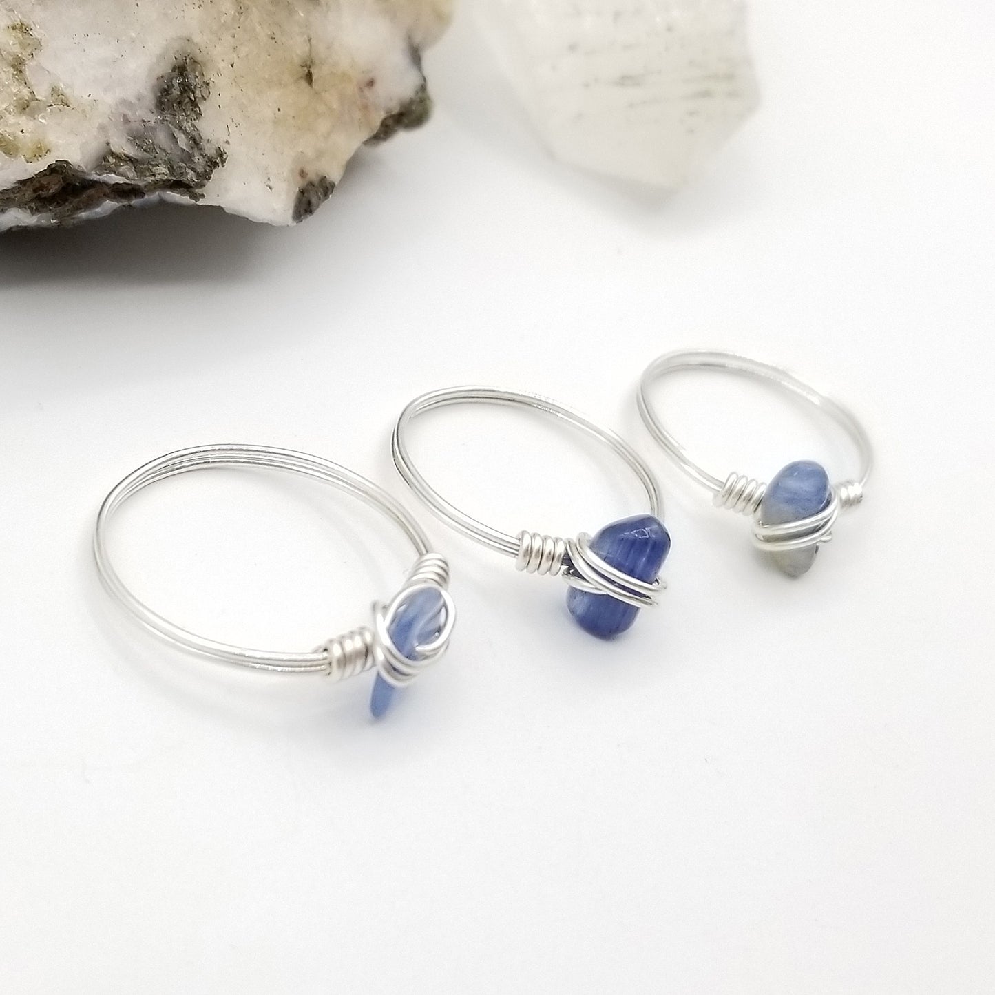 blue kyanite ring in silver side view