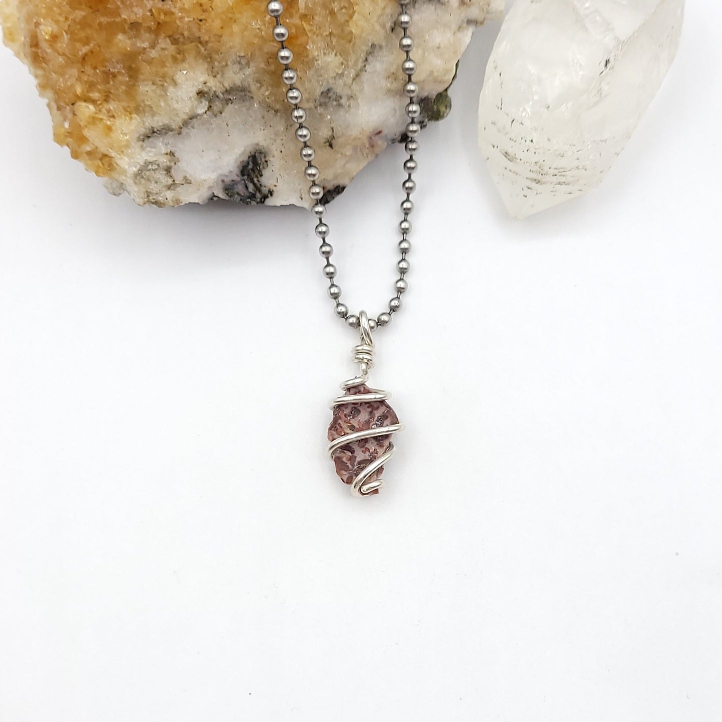 Raw Leopard Skin Jasper Crystal Necklace in Silver Wire