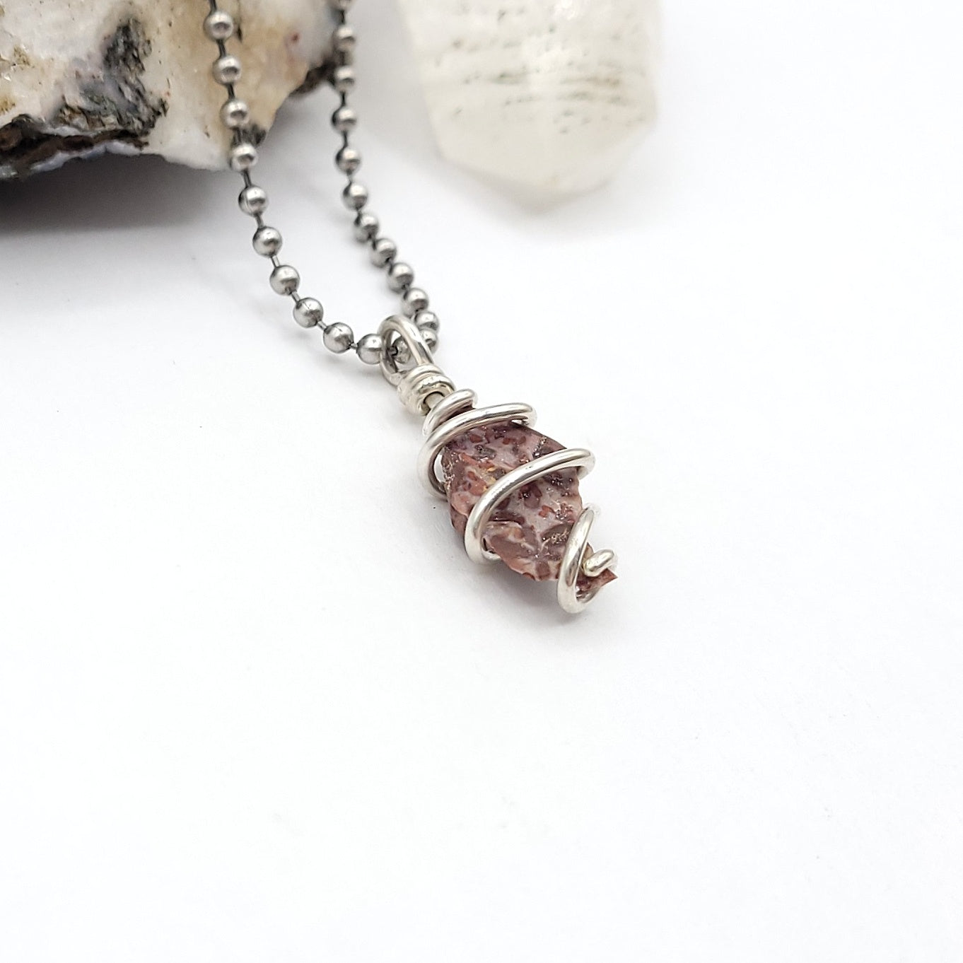 Raw Leopard Skin Jasper Crystal Necklace in Silver Wire