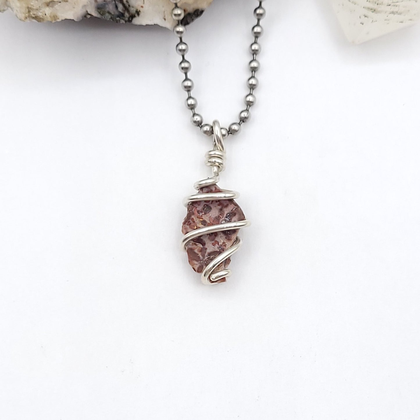 Raw Leopard Skin Jasper Crystal Necklace in Silver Wire