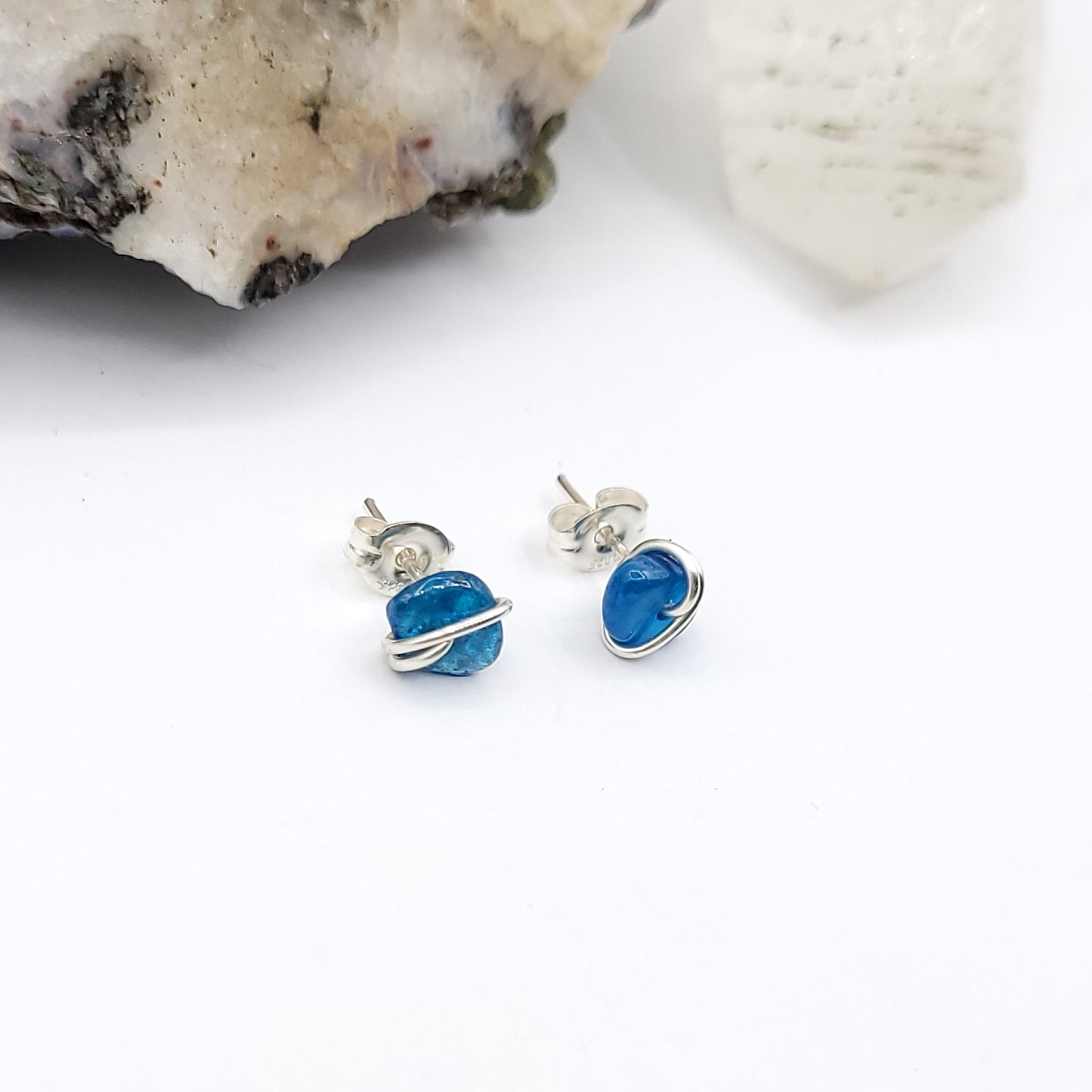 Blue Apatite Crystal Stud Earrings in Sterling Silver Wire