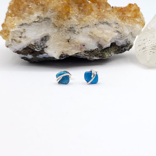 Blue Apatite Crystal Stud Earrings in Sterling Silver Wire