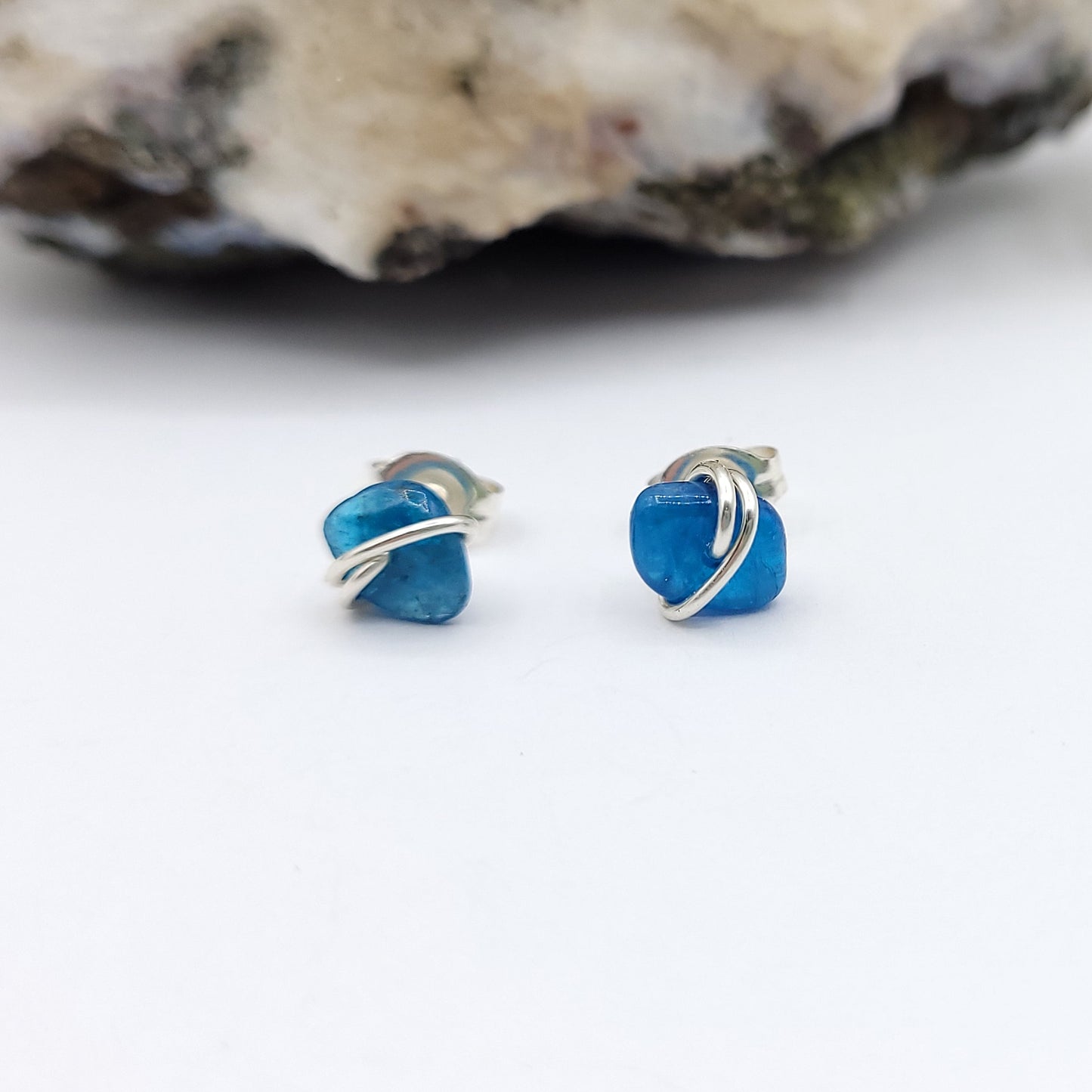 Blue Apatite Crystal Stud Earrings in Sterling Silver Wire