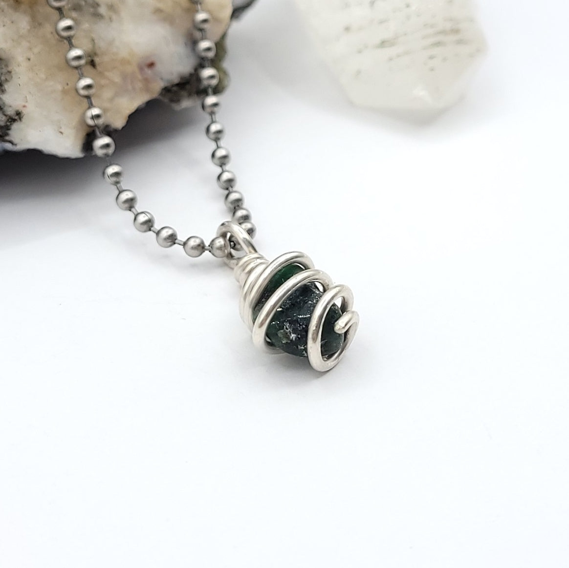 Emerald Crystal Necklace in Silver Wire side view