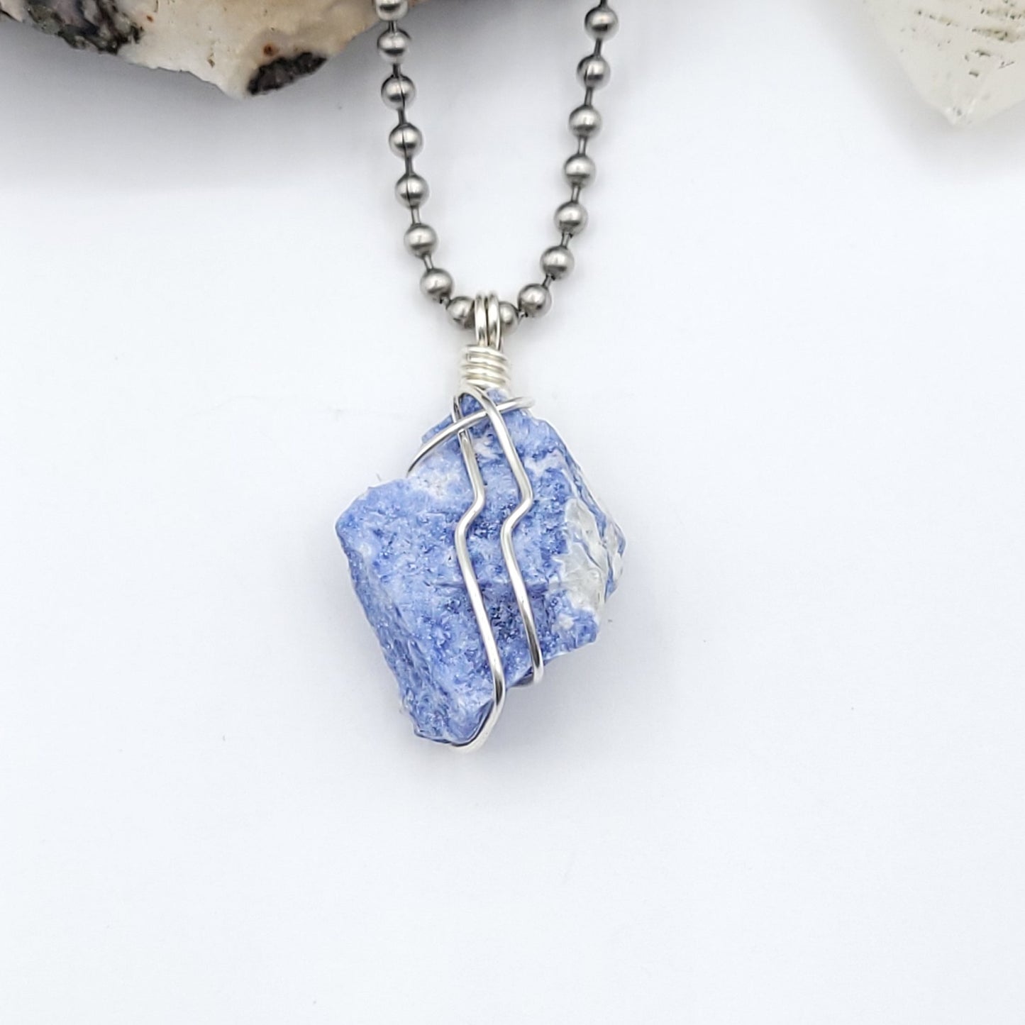 Raw Sodalite Crystal Necklace in Silver Wire