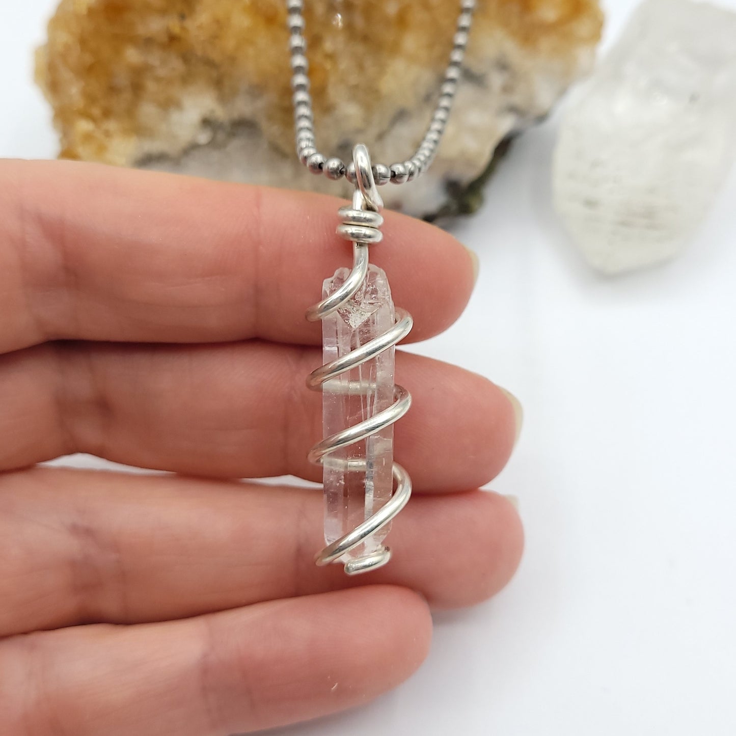 Colombian Lemurian Quartz Crystal Necklace in Silver Wire
