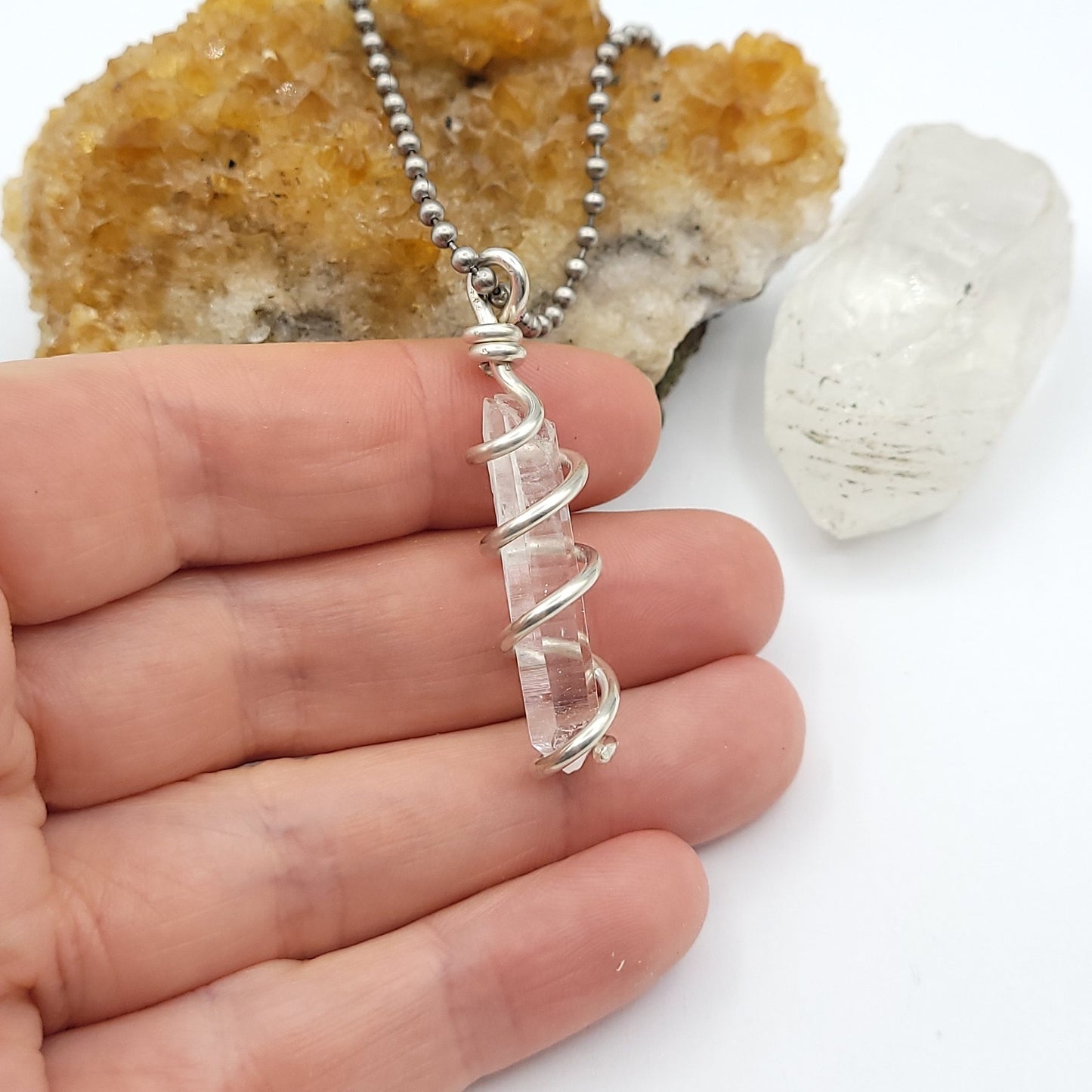Colombian Lemurian Quartz Crystal Necklace in Silver Wire