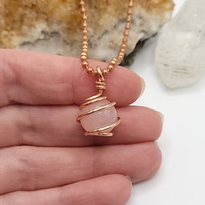 Rose Quartz Sphere Crystal Necklace in Copper