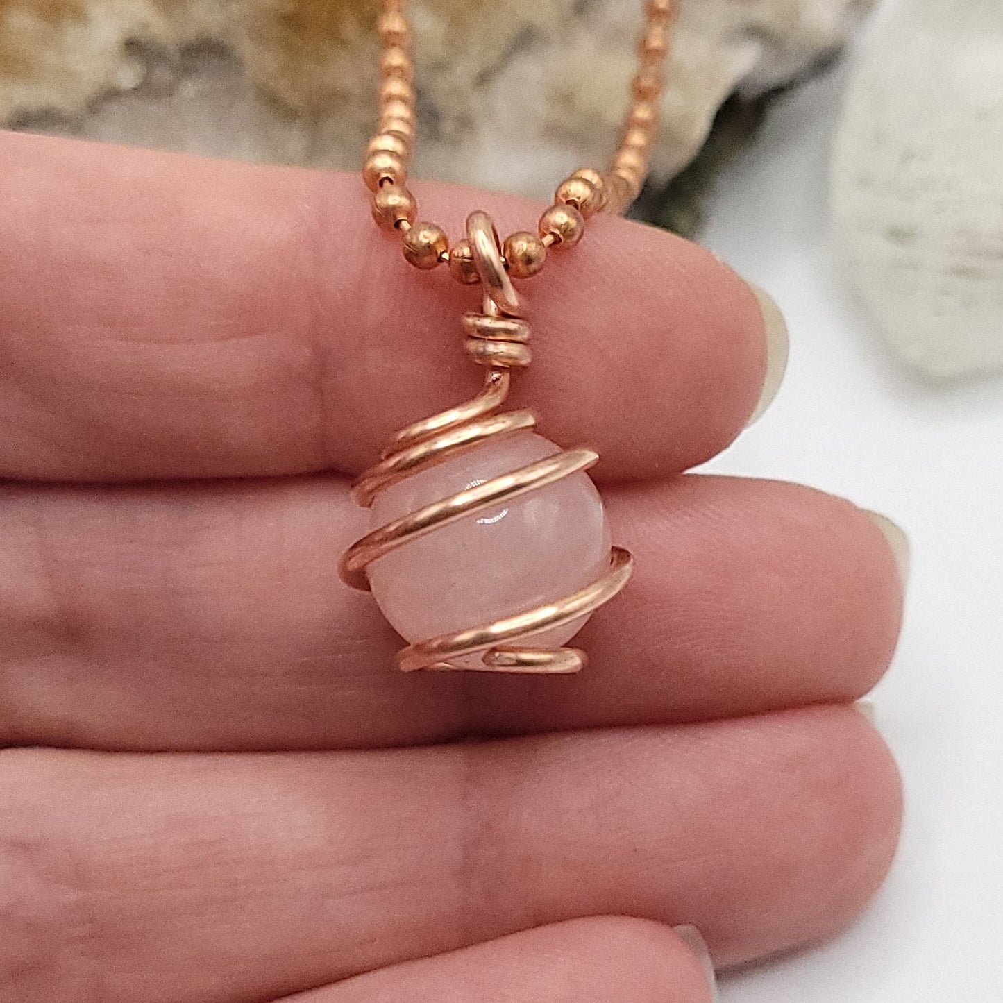 Rose Quartz Sphere Crystal Necklace in Copper