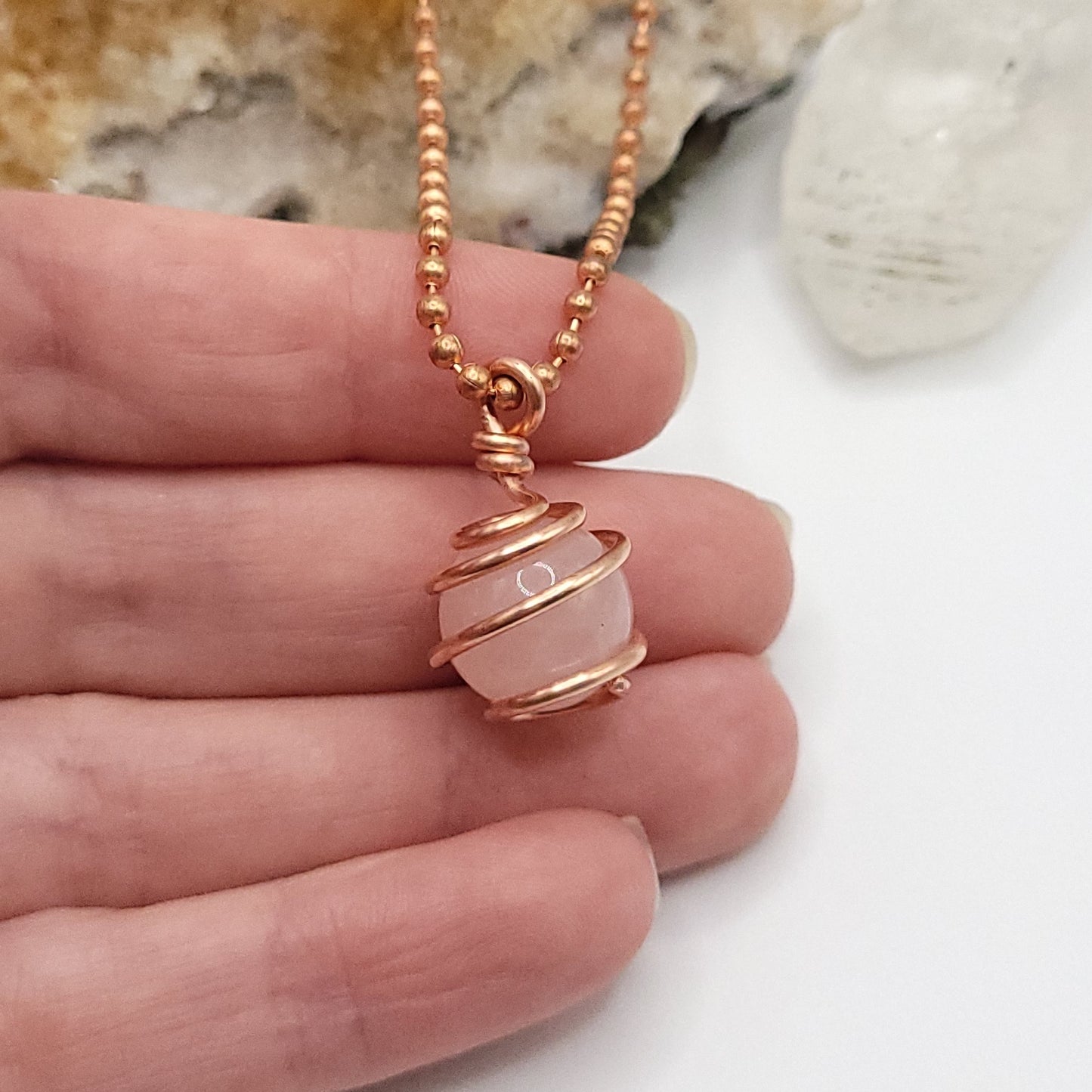 Rose Quartz Sphere Crystal Necklace in Copper