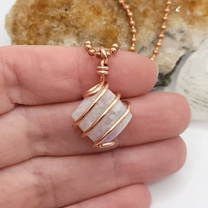 Rainbow Moonstone Crystal Necklace in Copper