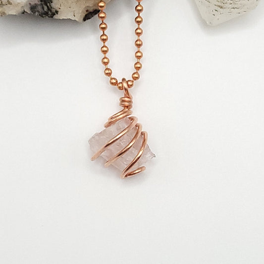 Raw Rose Quartz Crystal Necklace in Copper