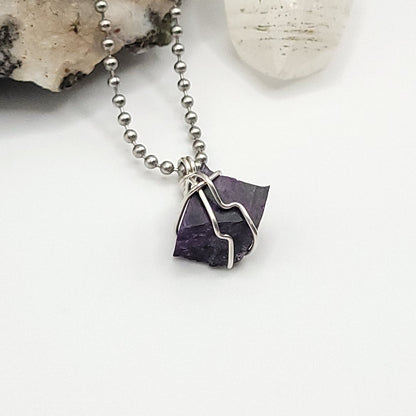 Raw Sugilite Crystal Necklace in Silver