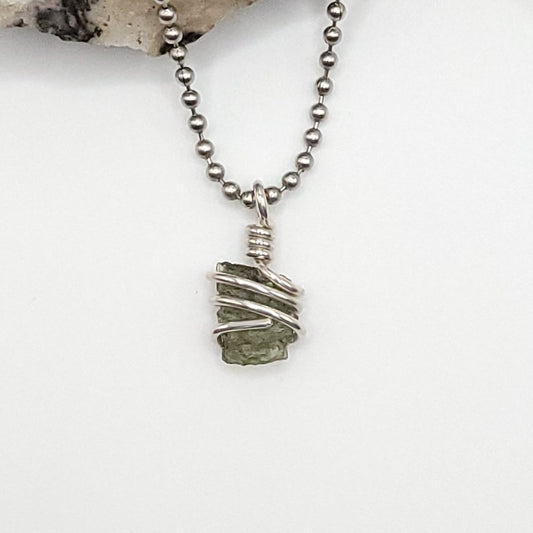 Raw Moldavite Crystal Necklace in Silver