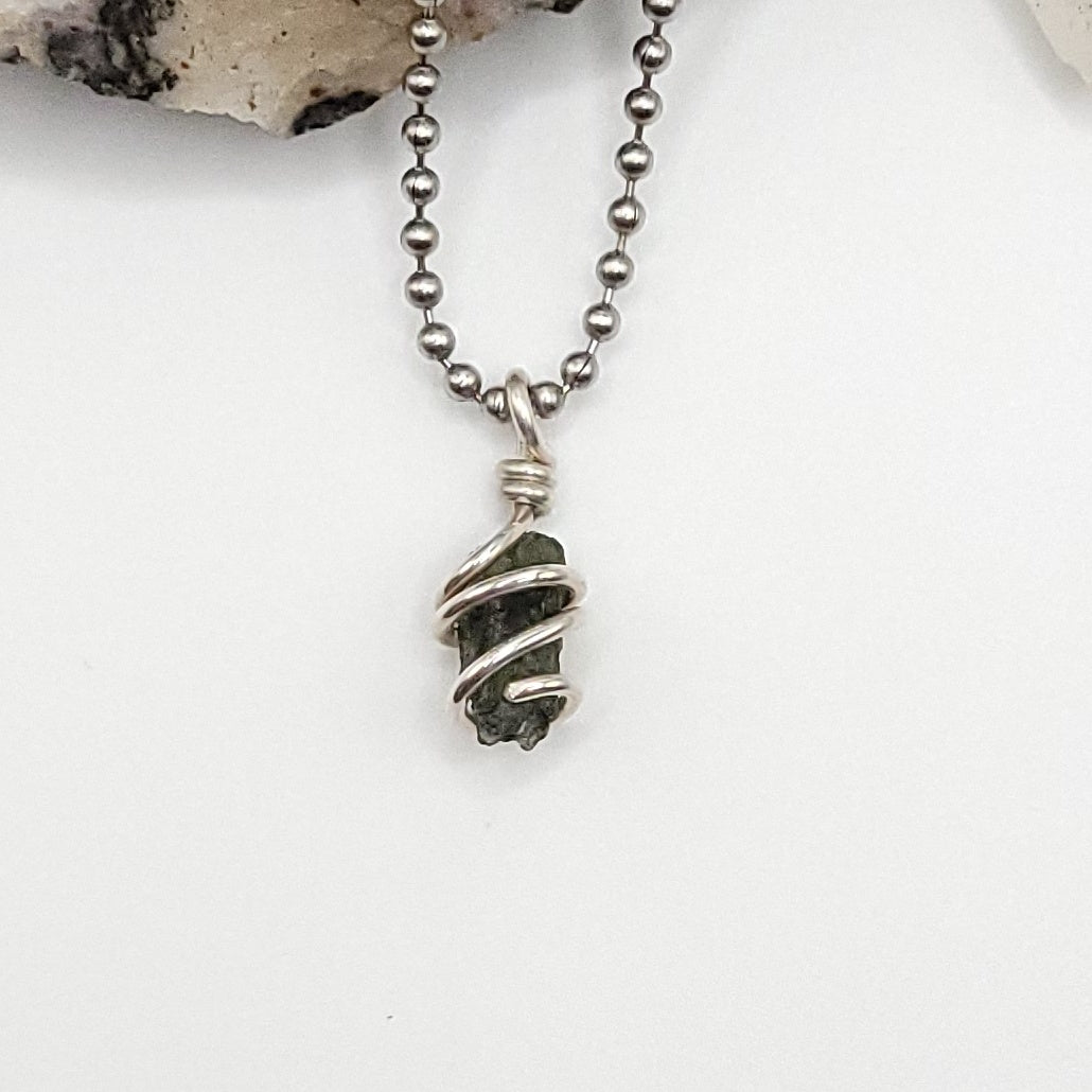 Raw Moldavite Crystal Necklace in Silver