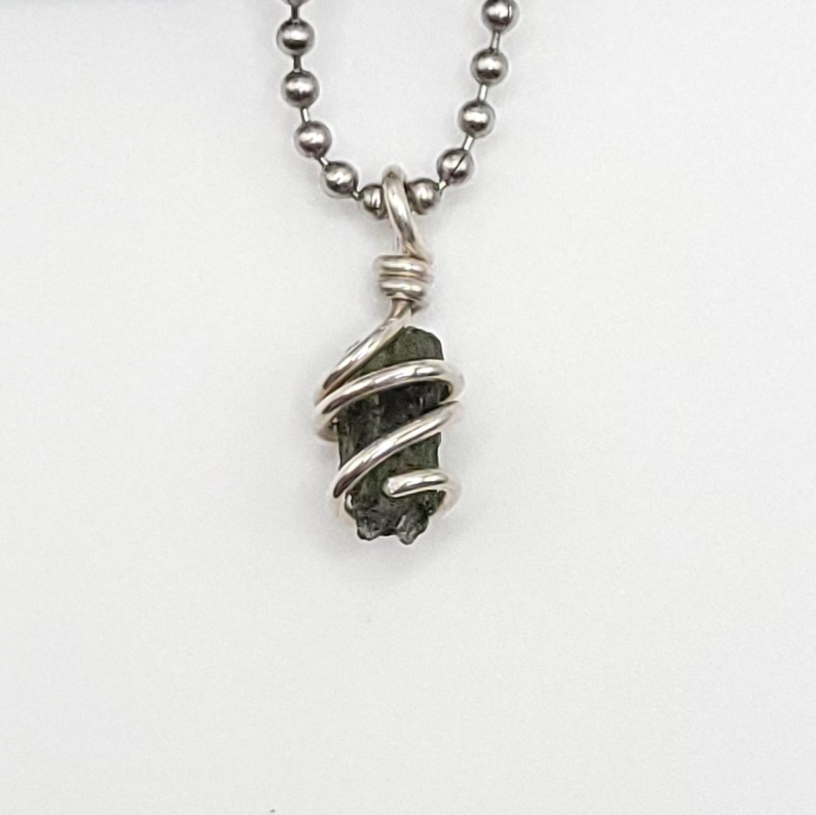 Raw Moldavite Crystal Necklace in Silver