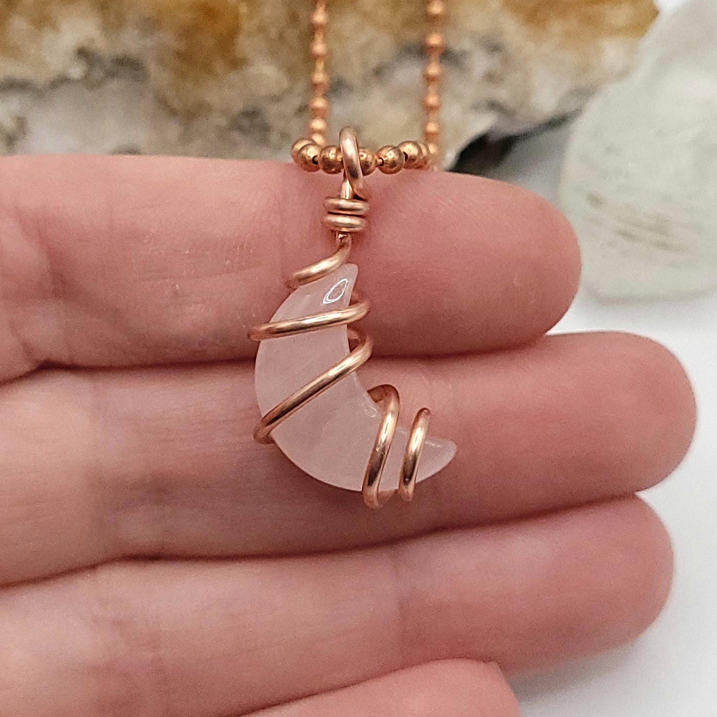 Rose Quartz Moon Crystal Necklace in Copper