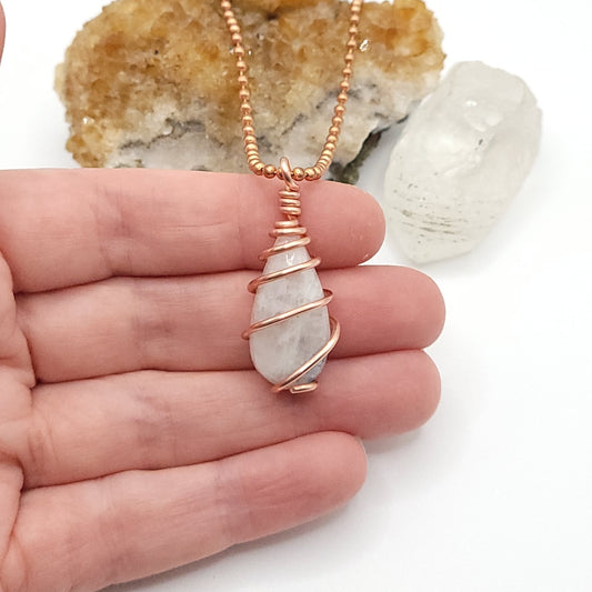 Rainbow Moonstone Crystal Necklace in Copper