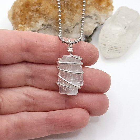 Raw Selenite Crystal Necklace in Silver Wire