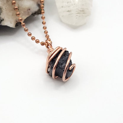 Raw Black Tourmaline Crystal Necklace in Copper