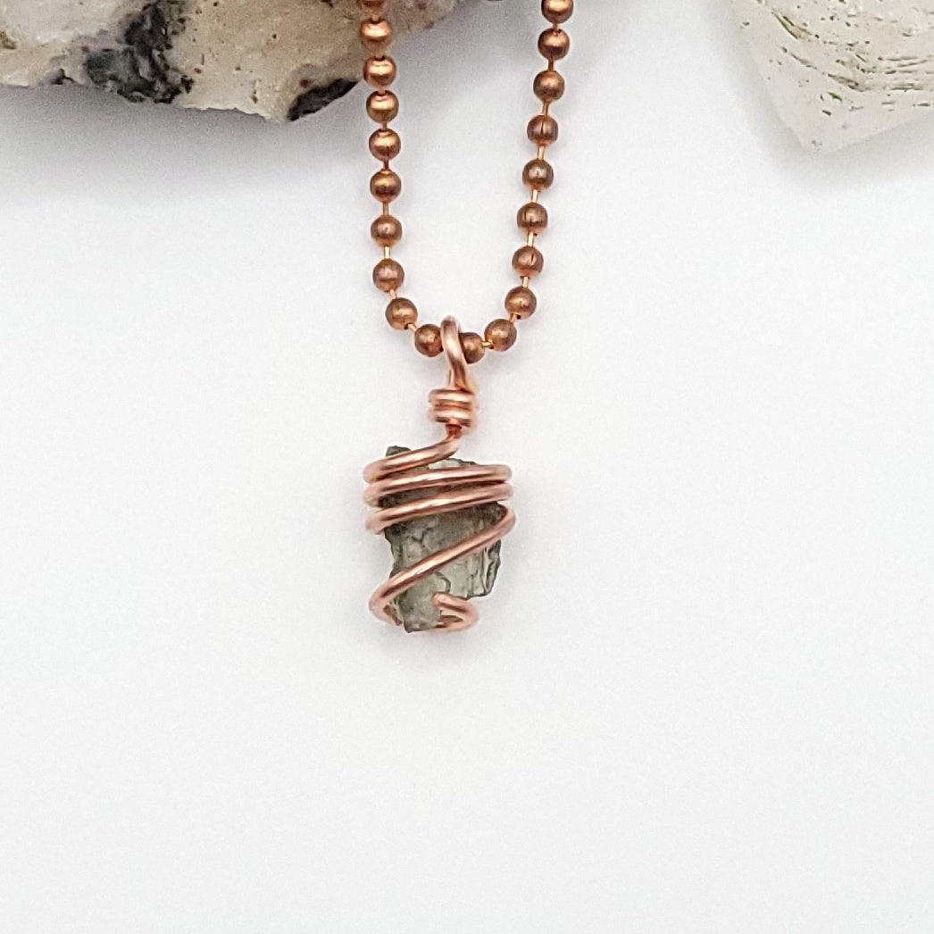 Raw Moldavite Crystal Necklace in Copper