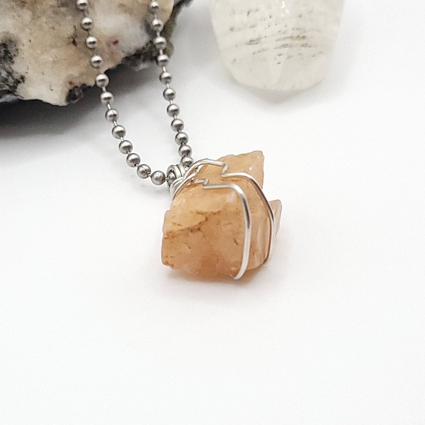 Raw Peach Moonstone Crystal Necklace in Silver