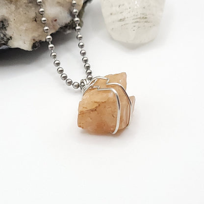 Raw Peach Moonstone Crystal Necklace in Silver