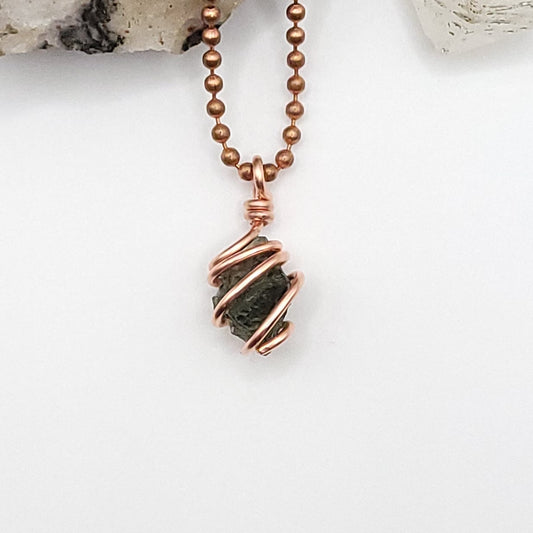 Raw Moldavite Crystal Necklace in Copper