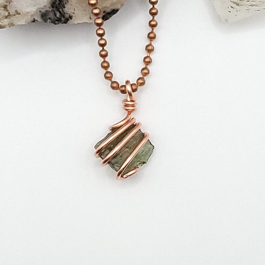 Raw Moldavite Crystal Necklace in Copper