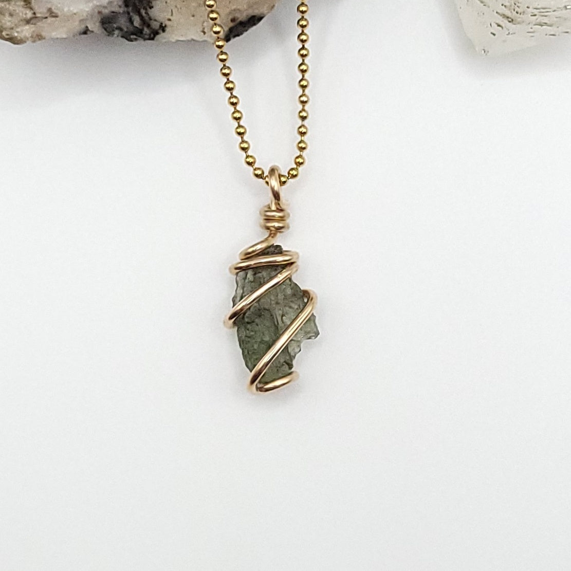 Raw Moldavite Crystal Necklace in Gold