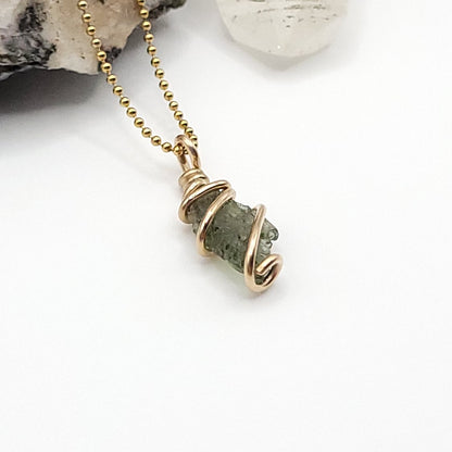 Raw Moldavite Crystal Necklace in Gold