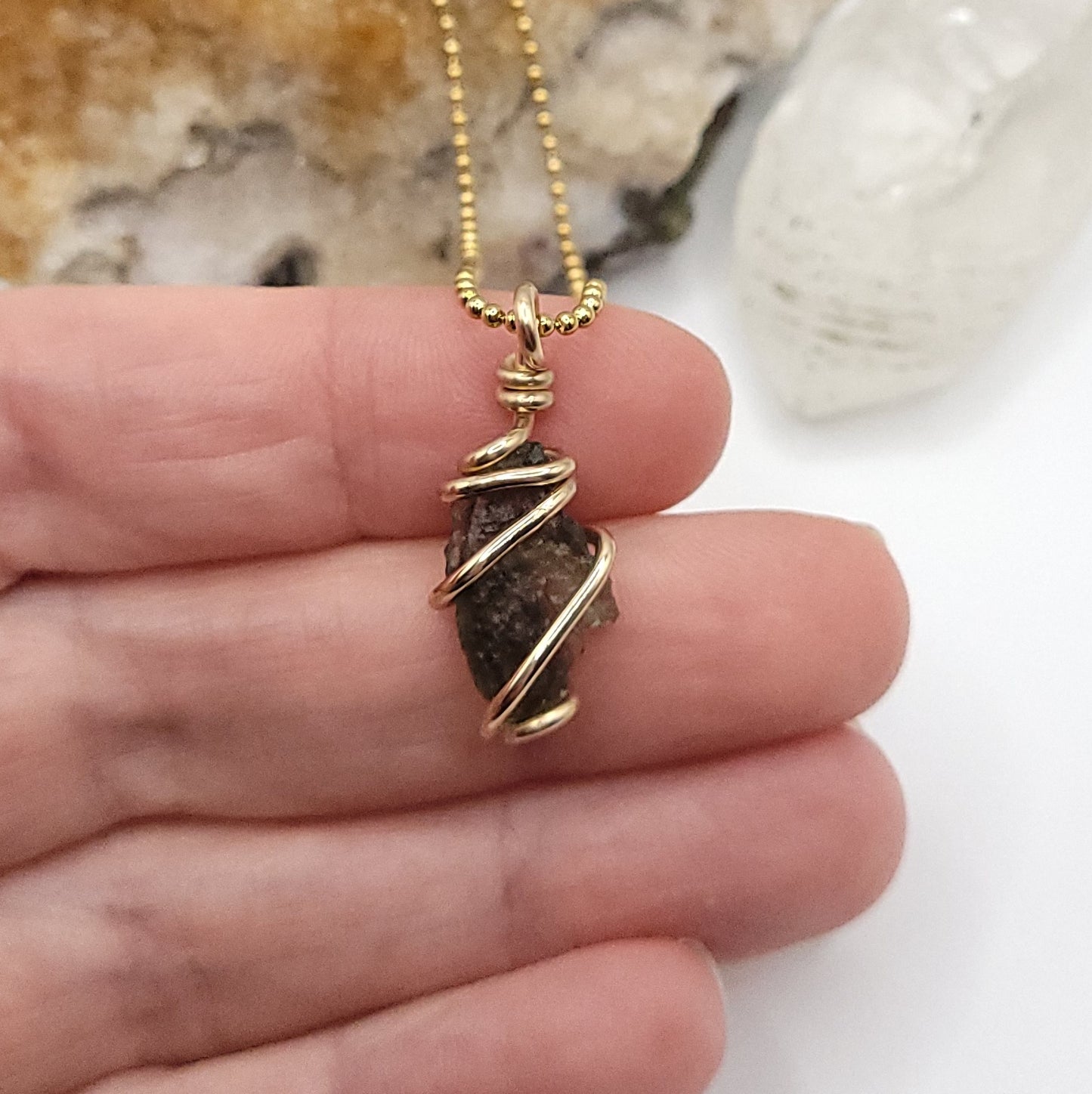 Raw Moldavite Crystal Necklace in Gold