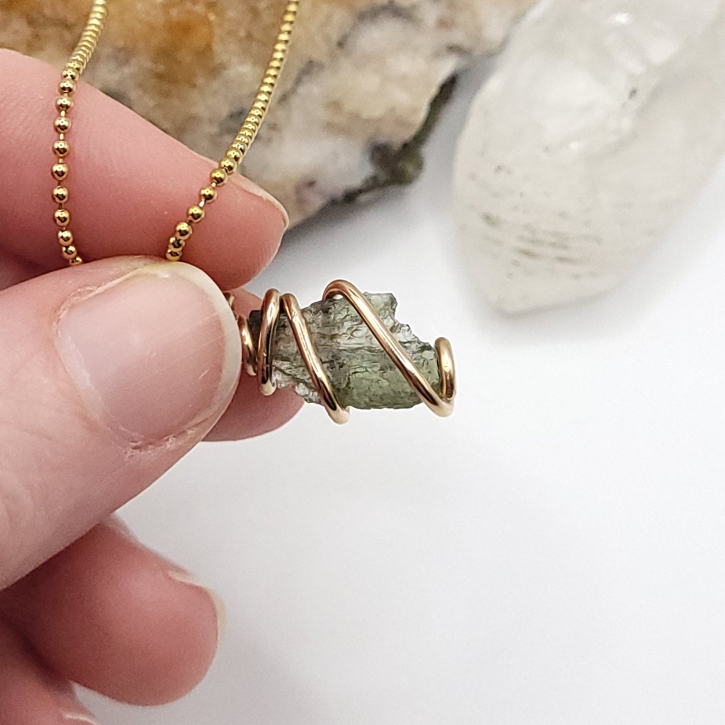 Raw Moldavite Crystal Necklace in Gold