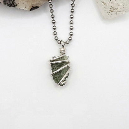 Raw Moldavite Crystal Necklace in Silver