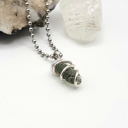Raw Moldavite Crystal Necklace in Silver