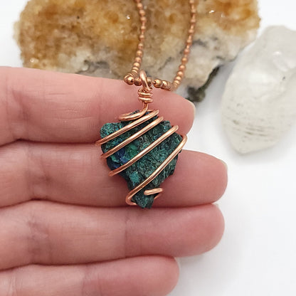 Raw Shattuckite Crystal Necklace in Copper