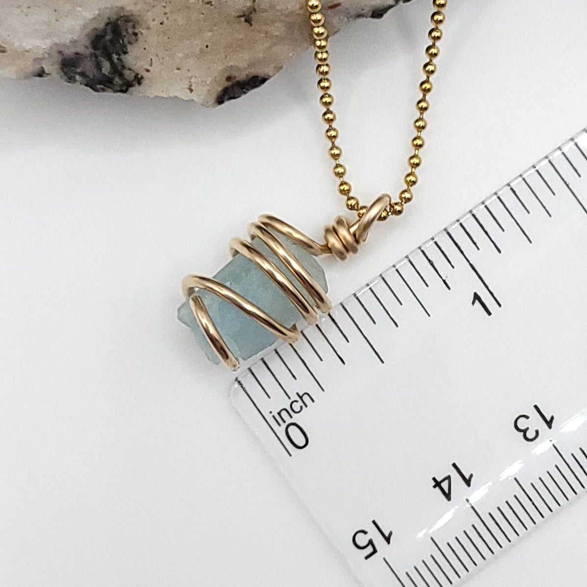 Raw Aquamarine Crystal Necklace in Gold wire, measurement