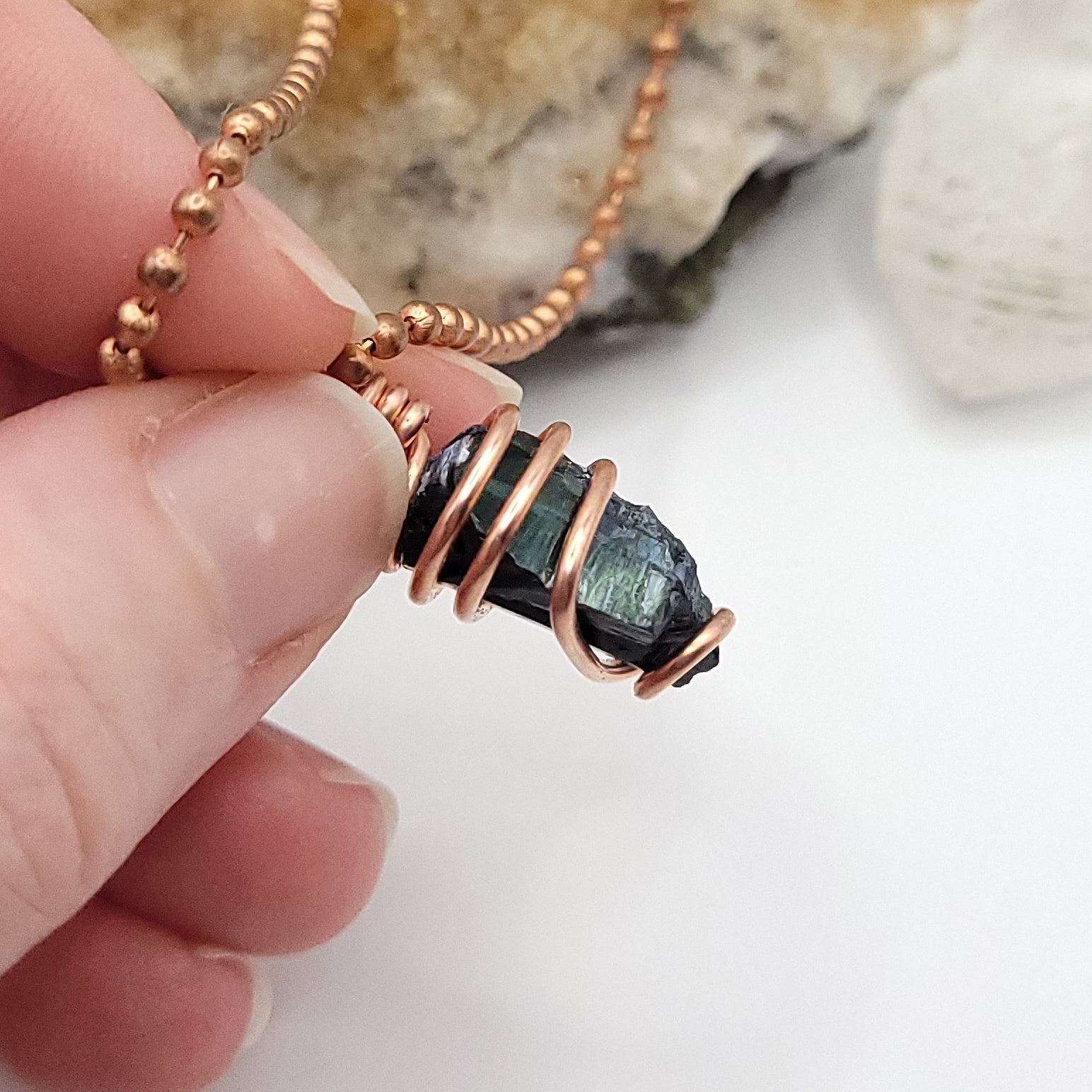 Raw Vivianite Crystal Necklace in Copper close up