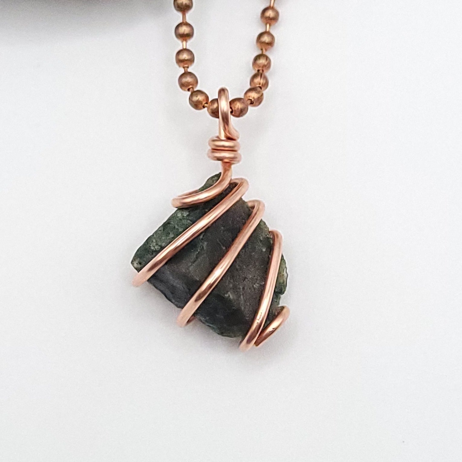 Raw Bloodstone Crystal Necklace in Copper Wire, close up
