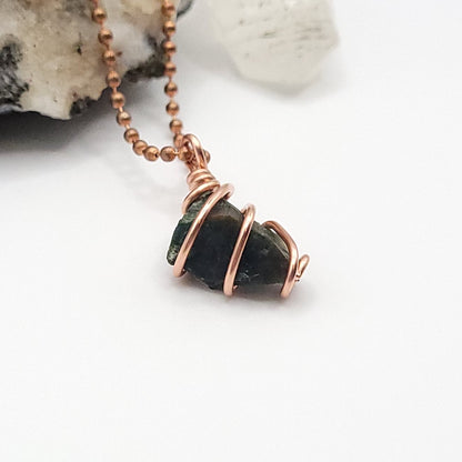 Raw Bloodstone Crystal Necklace in Copper Wire, side view