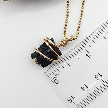 Raw Black Tourmaline Crystal Necklace in Gold Wire measurement 