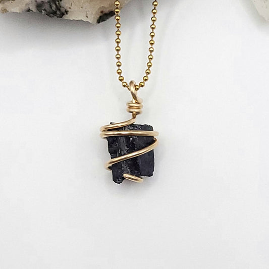 Raw Black Tourmaline Crystal Necklace in Gold Wire