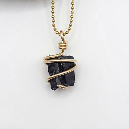 Raw Black Tourmaline Crystal Necklace in Gold Wire close up