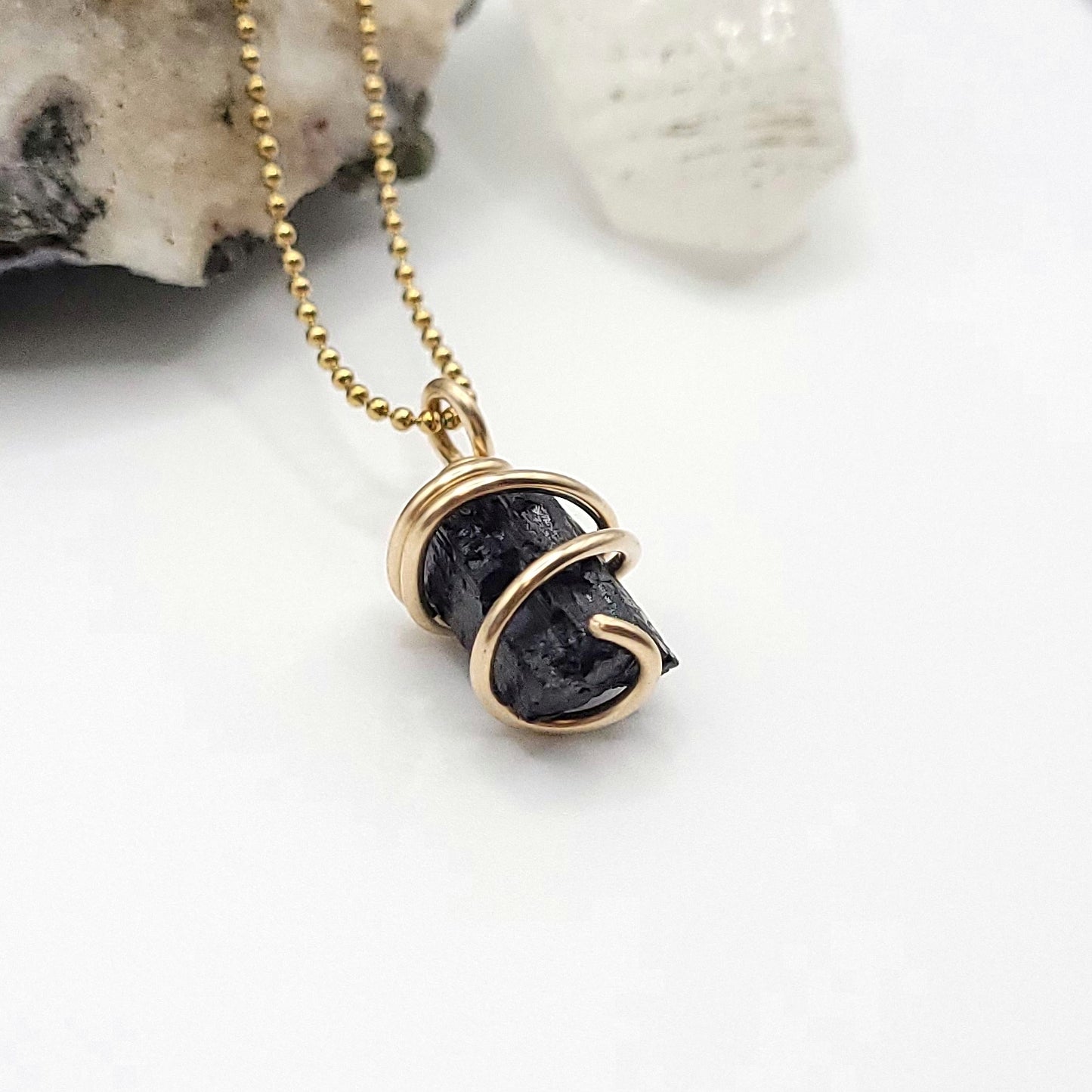 Raw Black Tourmaline Crystal Necklace in Gold Wire side view