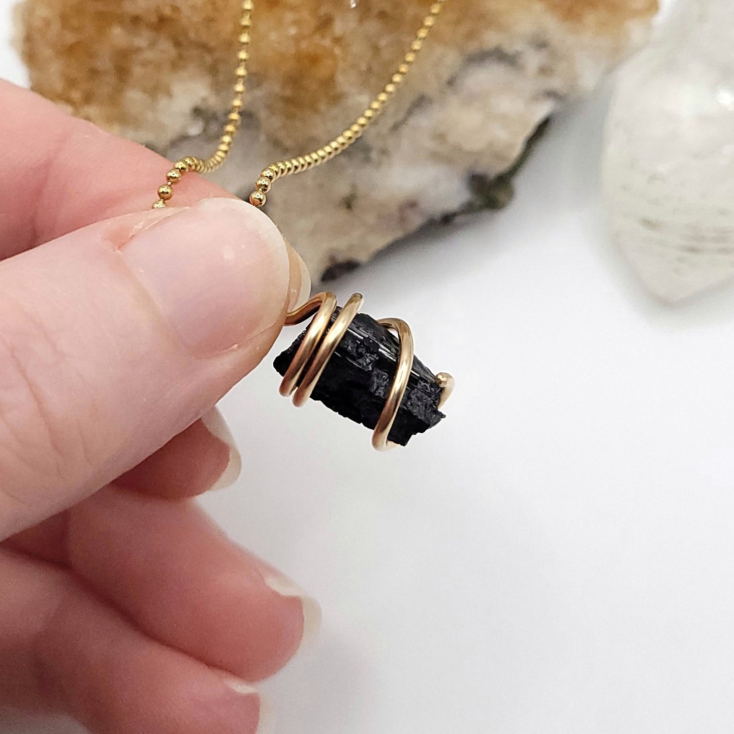 Raw Black Tourmaline Crystal Necklace in Gold Wire side view