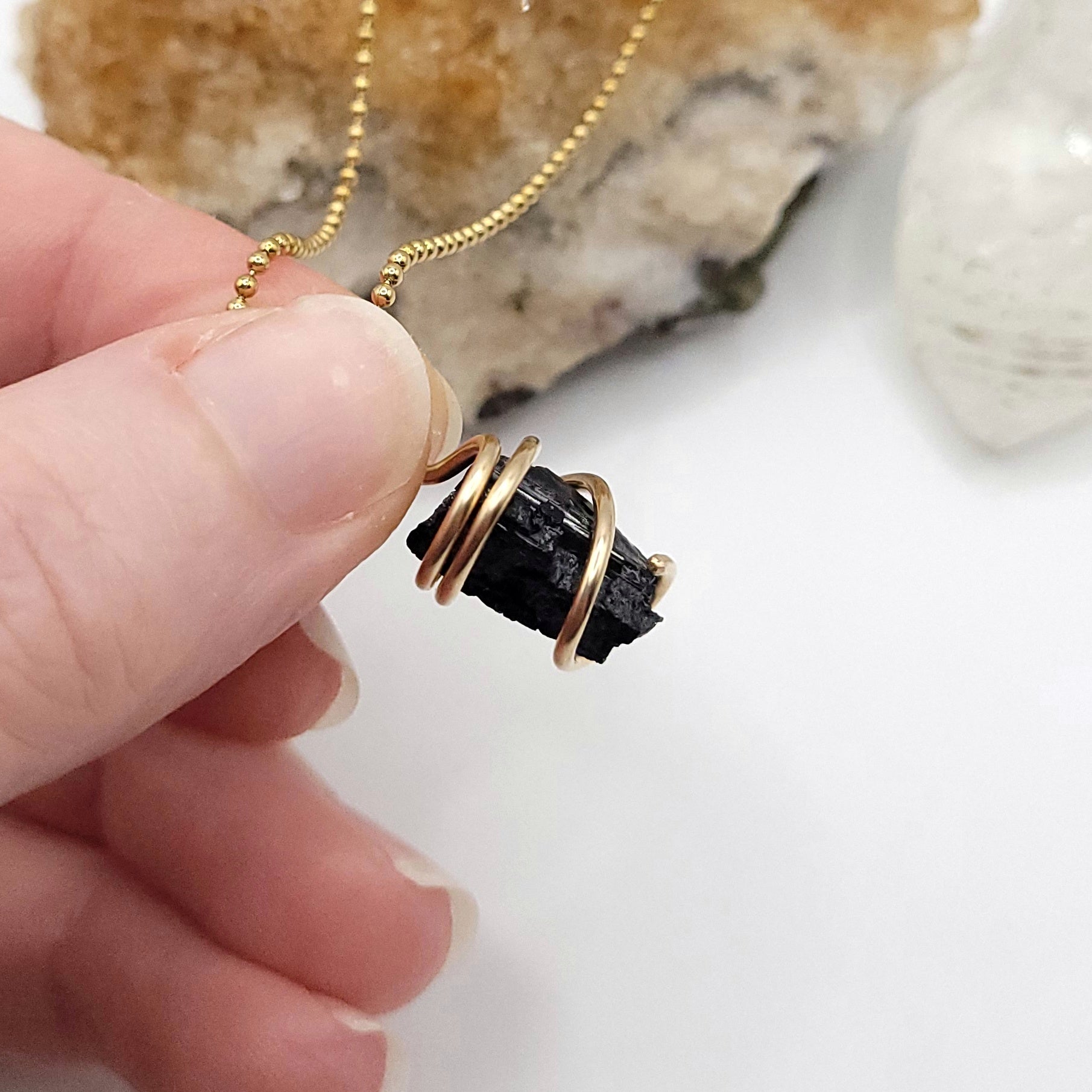 Raw Black Tourmaline Crystal Necklace in Gold Wire side view