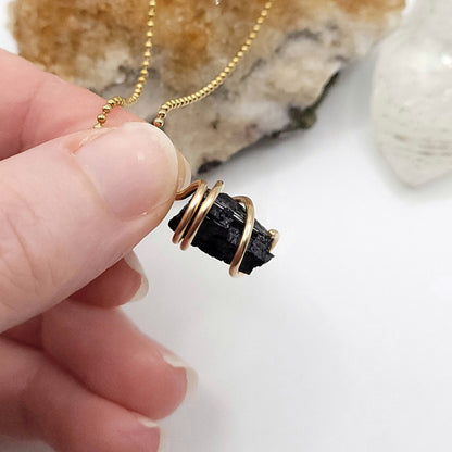 Raw Black Tourmaline Crystal Necklace in Gold Wire side view