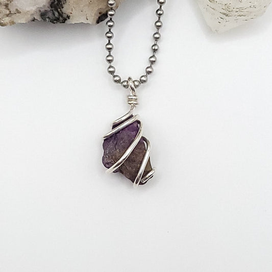 Raw Purpurite Crystal Necklace in Silver