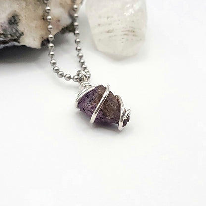 Raw Purpurite Crystal Necklace in Silver side view