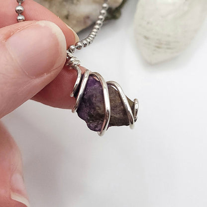Raw Purpurite Crystal Necklace in Silver close up side view